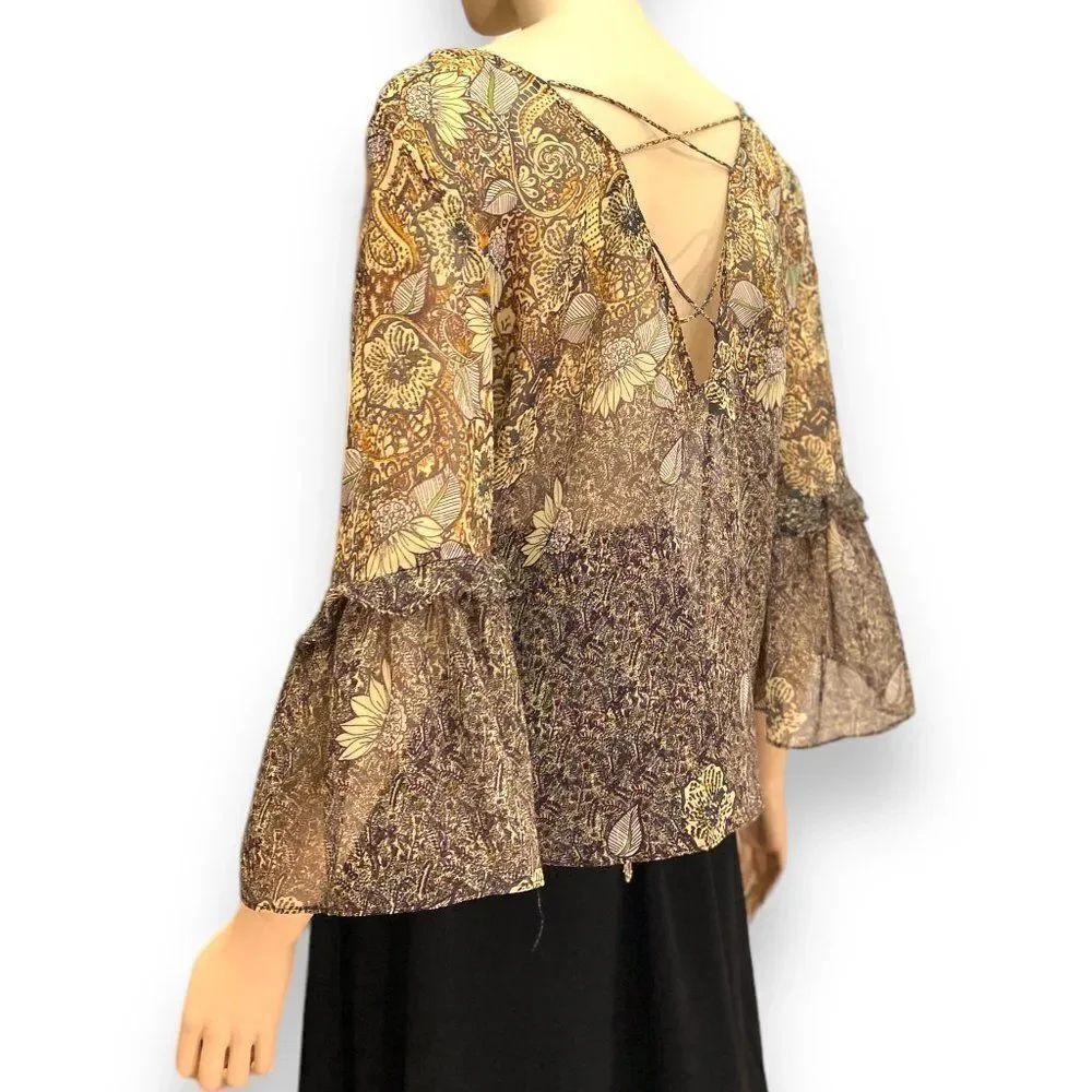 Zara Brown Floral Ruffle Sleeve Lattice Backside Blouse Top NEW